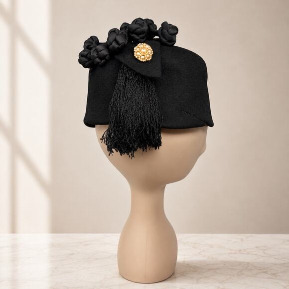 Vintage French Black Cocktail Hat 1950s Toque Tassel Pearl Paris main image 6